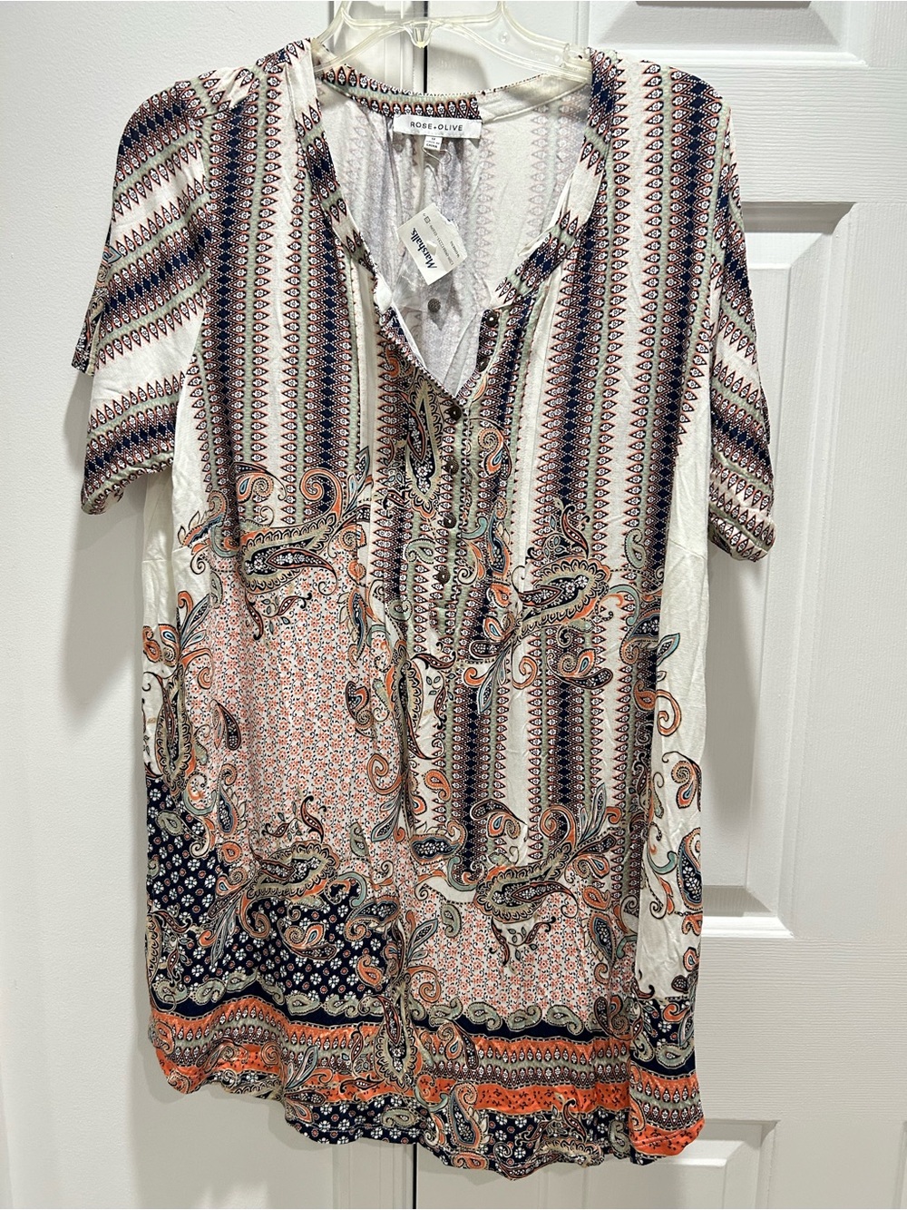 Rose & Olive Mixed Paisley Print V-Neck Tunic in Cream, Navy & Coral
